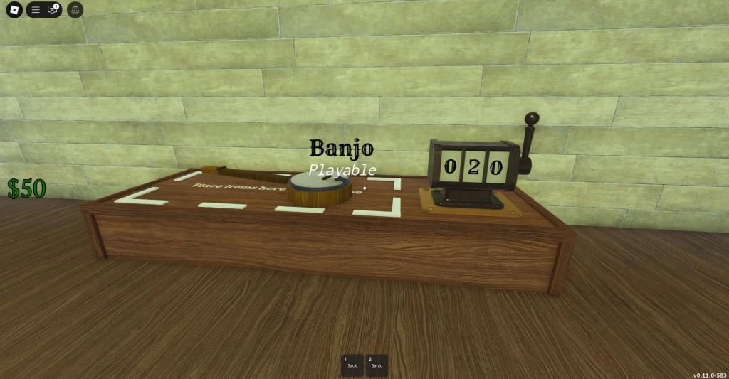 A Banjo that is placed on the checkout stall of a General Store in Dead Rails Roblox experience