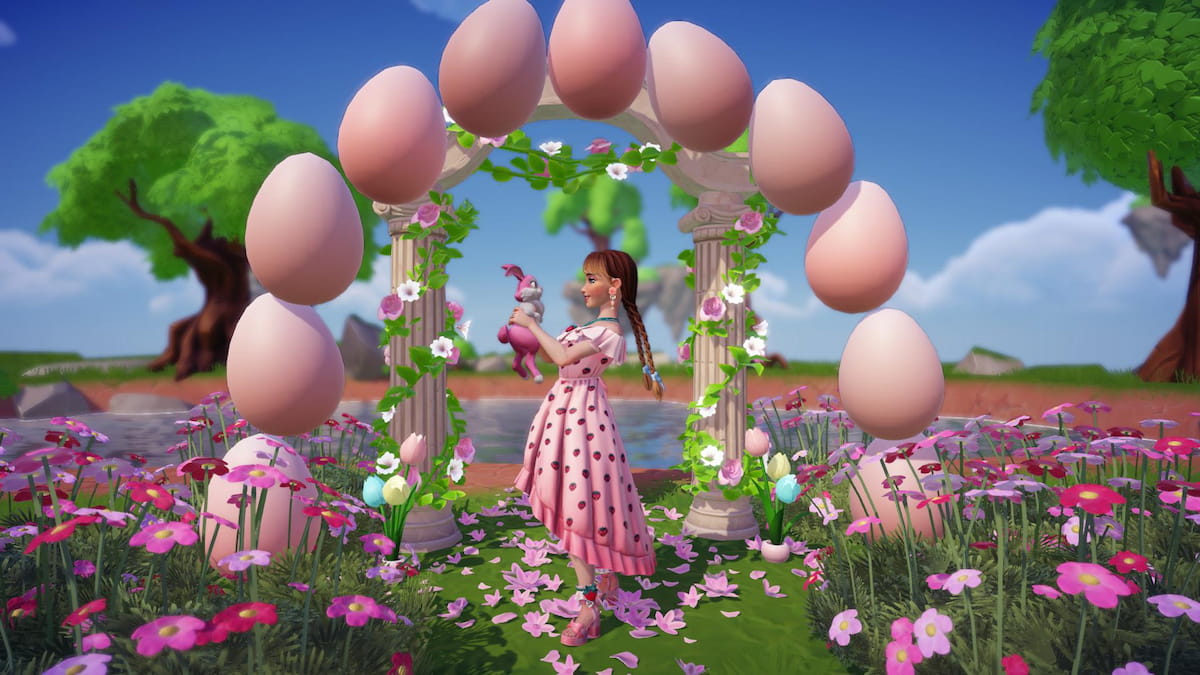 A character in a pink strawberry dress with long brown braids holding a pink bunny under an egg arch in Disney Dreamlight Valley.