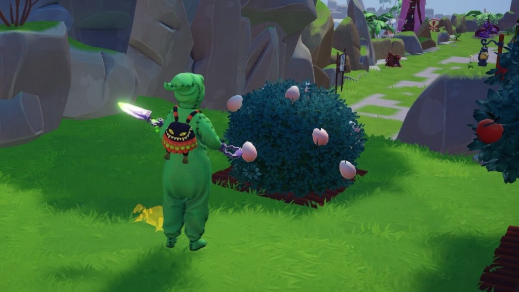 Disney Dreamlight Valley screenshot of egg bushes within the easter event.