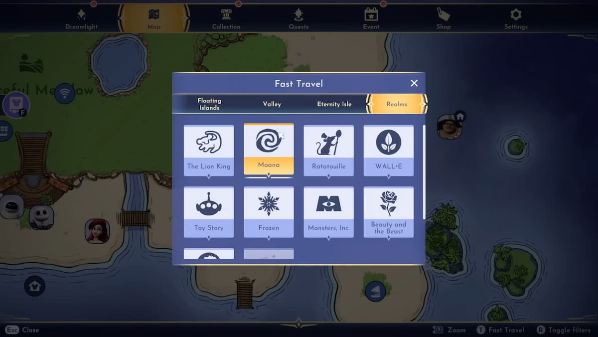 Fast travel screen in Disney Dreamlight Valley 