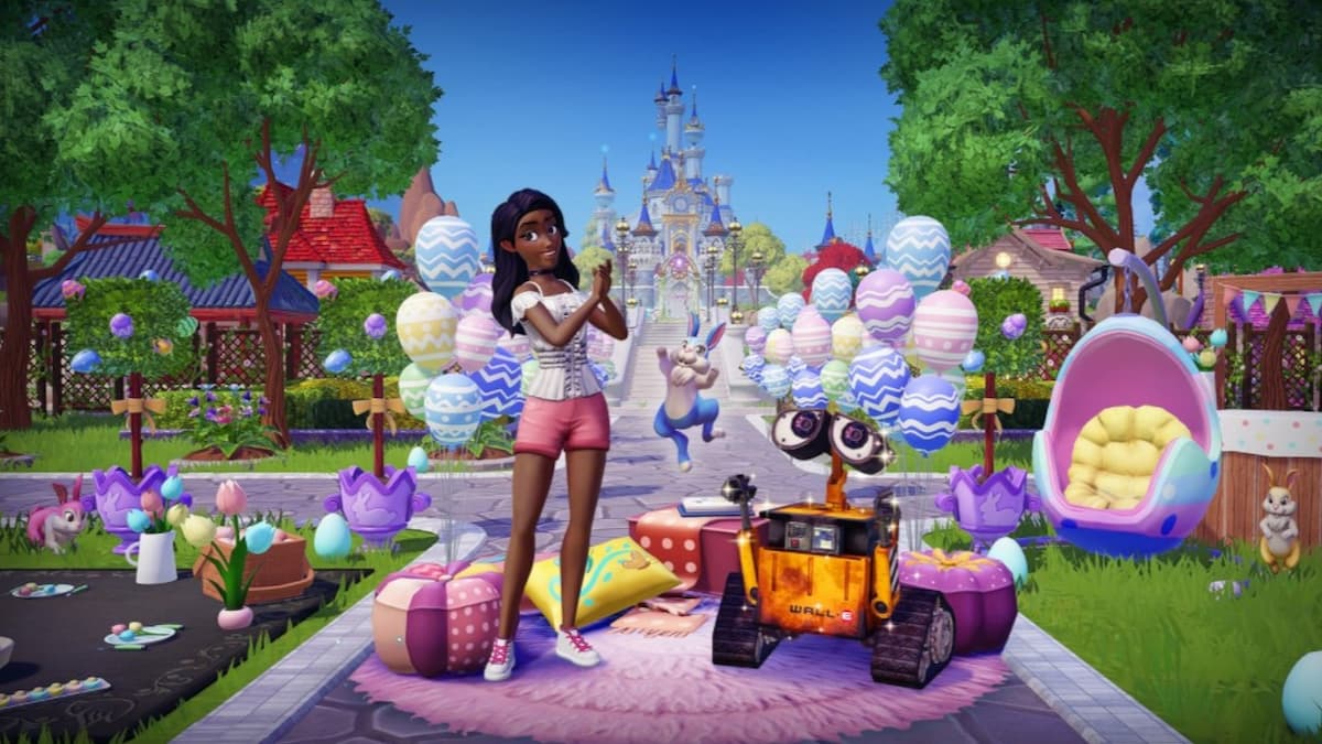 A character standing with Wall-E while surrounded by festive spring Easter decorations in Disney Dreamlight Valley