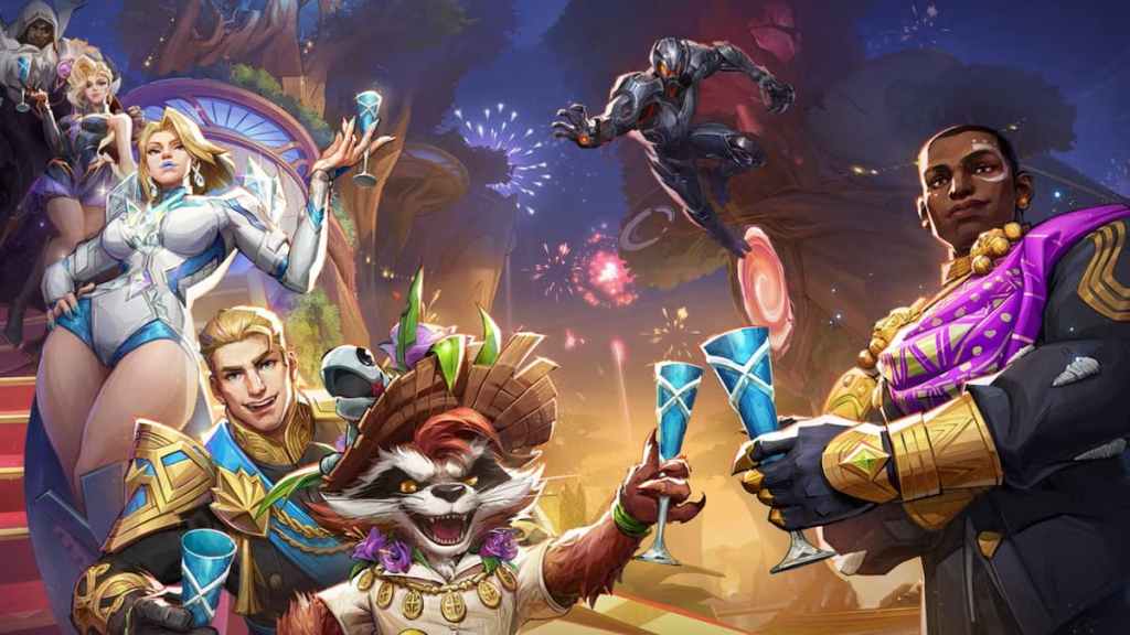 The key art for season twoof marvel rivals featuring Emma Frost, Cloak & Dagger, Star-Lord, Rocket Raccoon, Black Panther, and Ultron. 