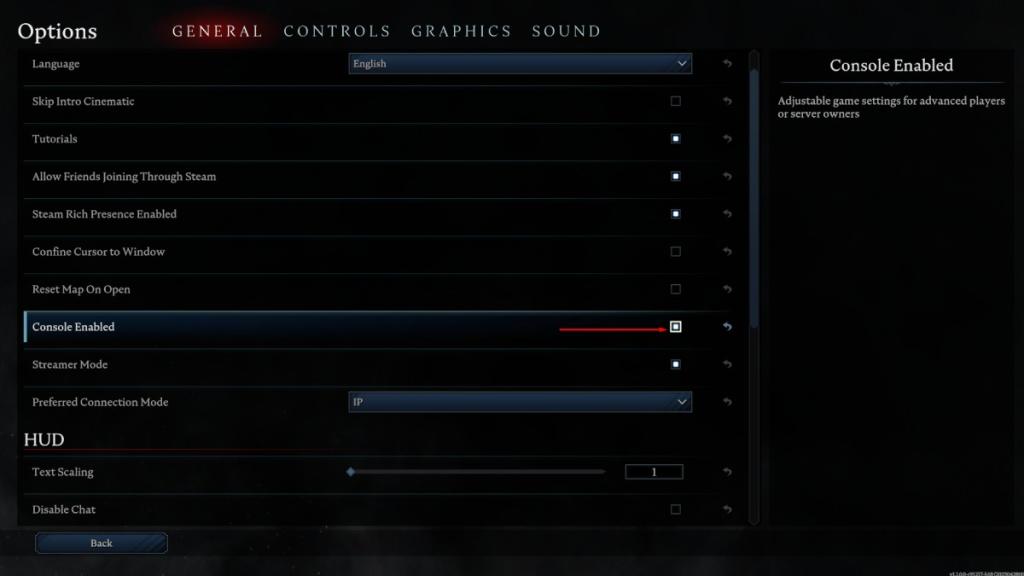 an image of enabling console from menu in v rising