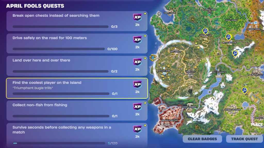 The find the coolest player on the island quest locations highlighted in Fortnite.