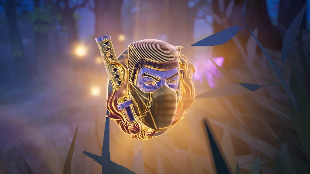 The First Blood Medallion floating on the ground in Fortnite. 