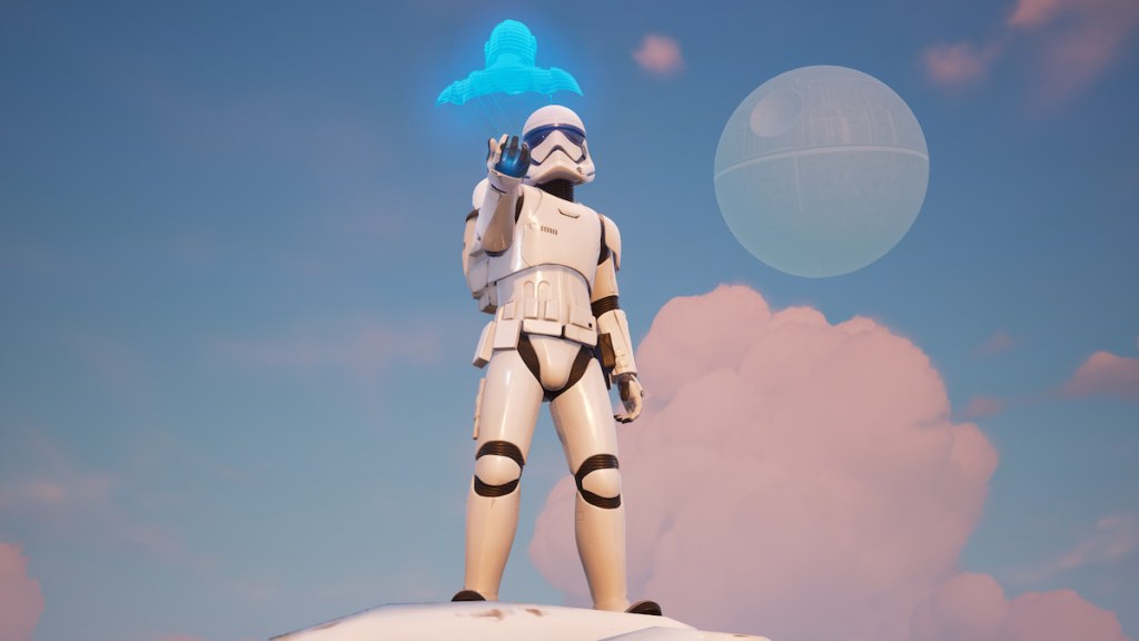 A first order stormtrooper holding a hologram in fortnite