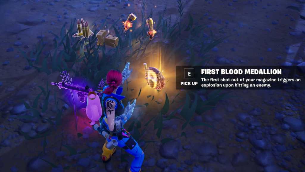 A player with dark red hair looking at the Fortnite First Blood Medallion