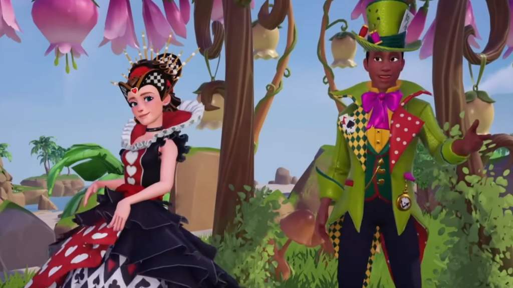 Two characters dressed as the queen of hearts and mad hatter in DDV
