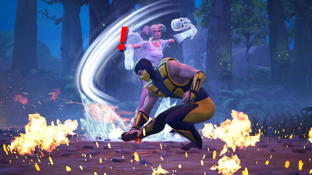 Harley Quinn fighting Scorpion with ice powers in Fortnite.
