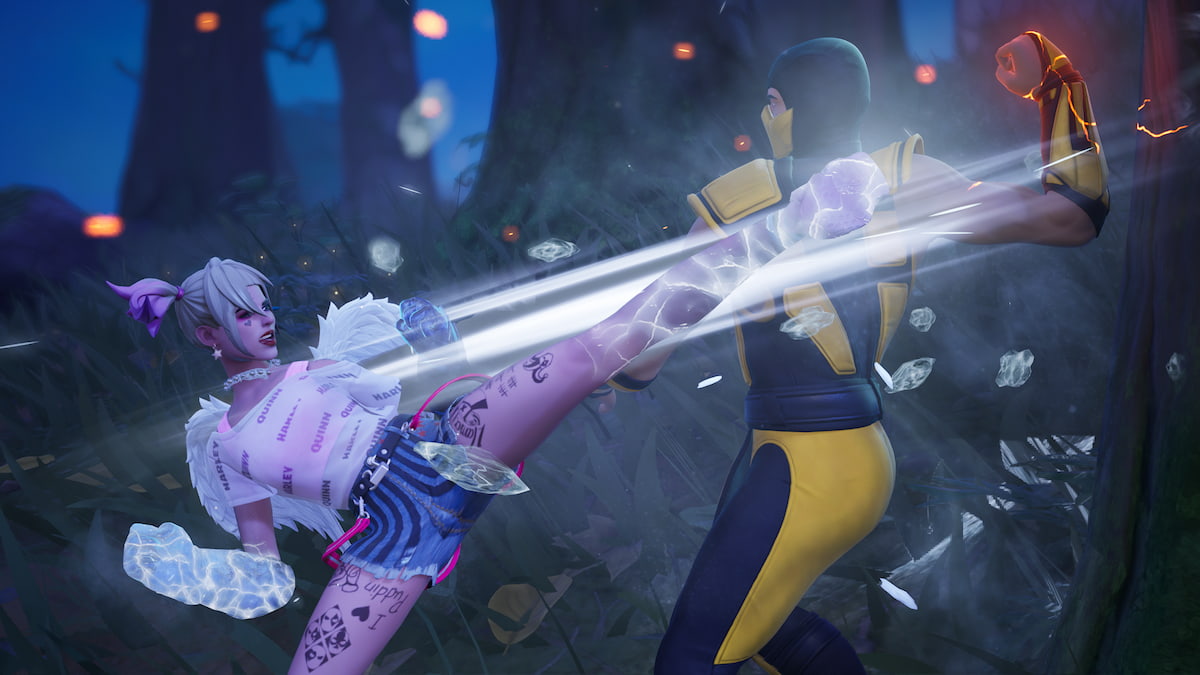 Harley Quinn kicking Scorpion in Fortnite.