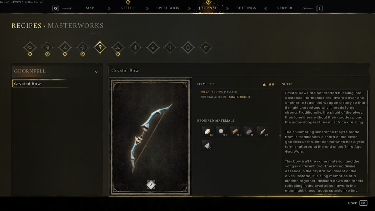 Crystal Bow recipe in Recipes section