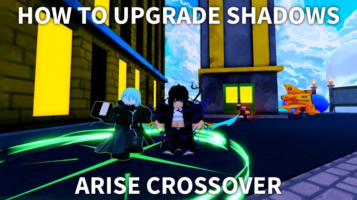 A player standing next to the Shadow Upgrader NPC in Solo City in the Arise Crossover Roblox experience