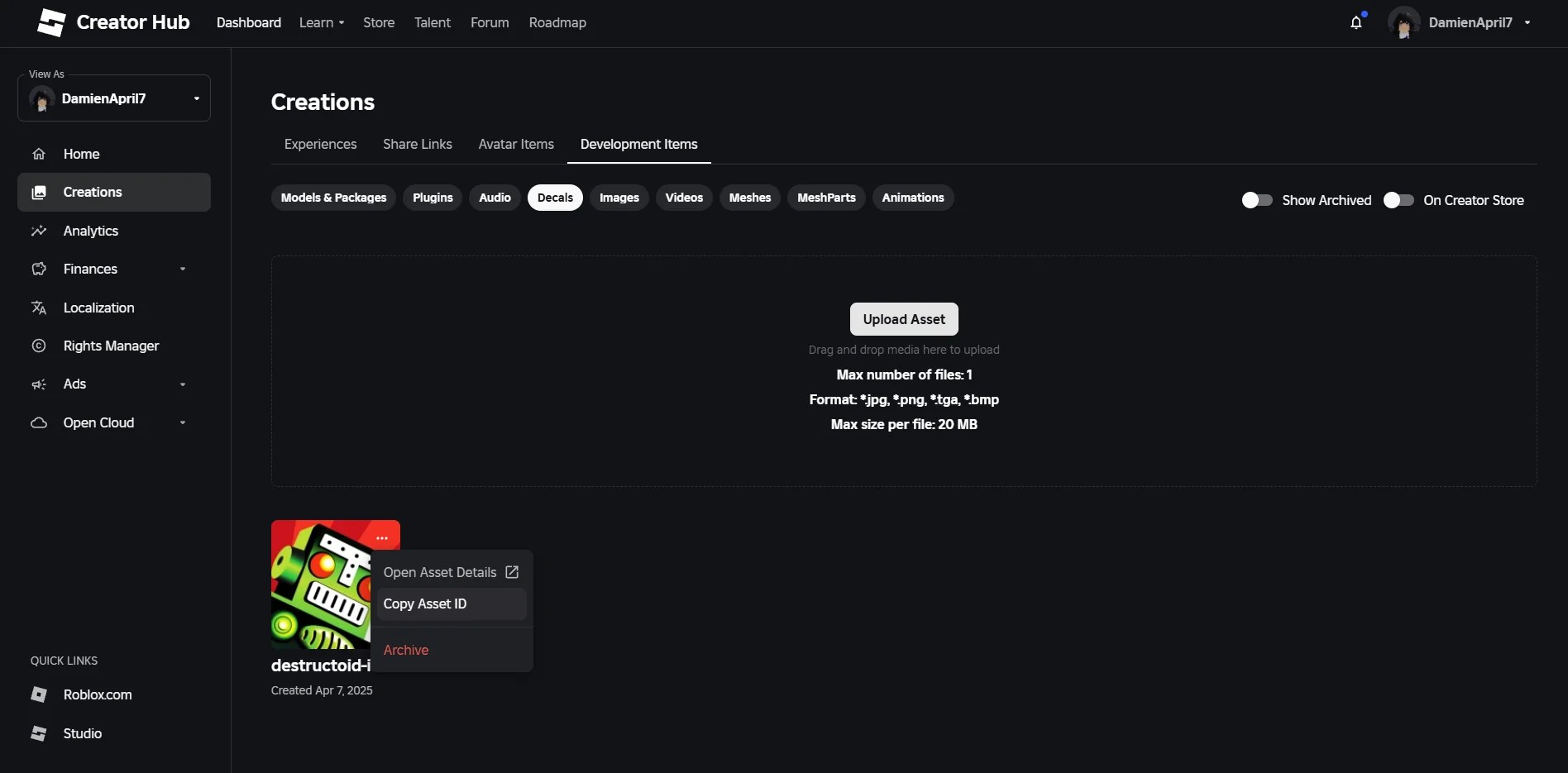 Preview of the Creator Hub page on Roblox with the Copy Asset ID option highlighted