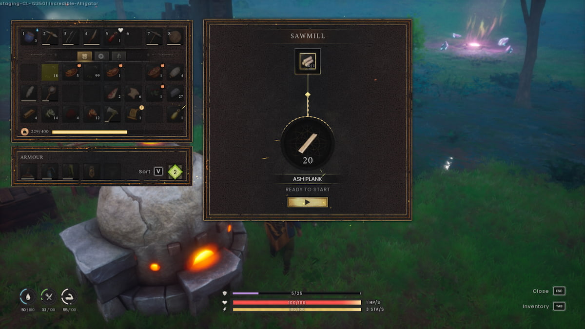 Crafting the Ash Planks with the Sawmill