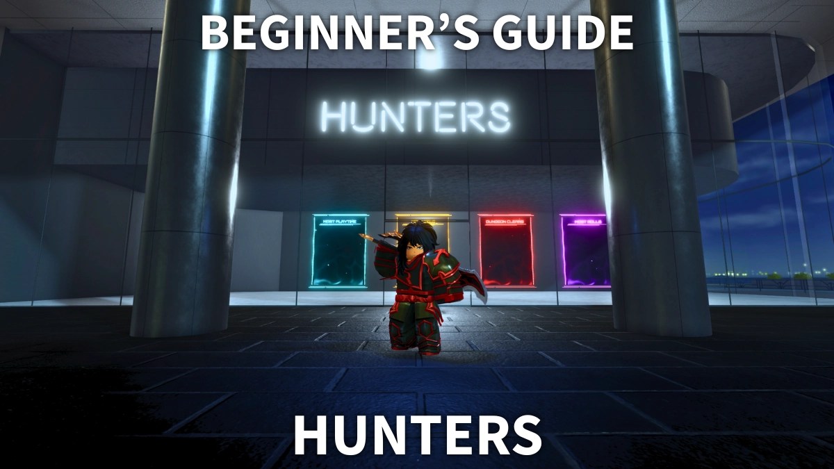 A player standing in the lobby area of the Hunters Roblox experience