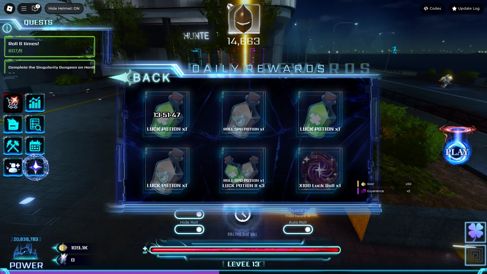 Preview of the daily rewards in Hunters Roblox experience