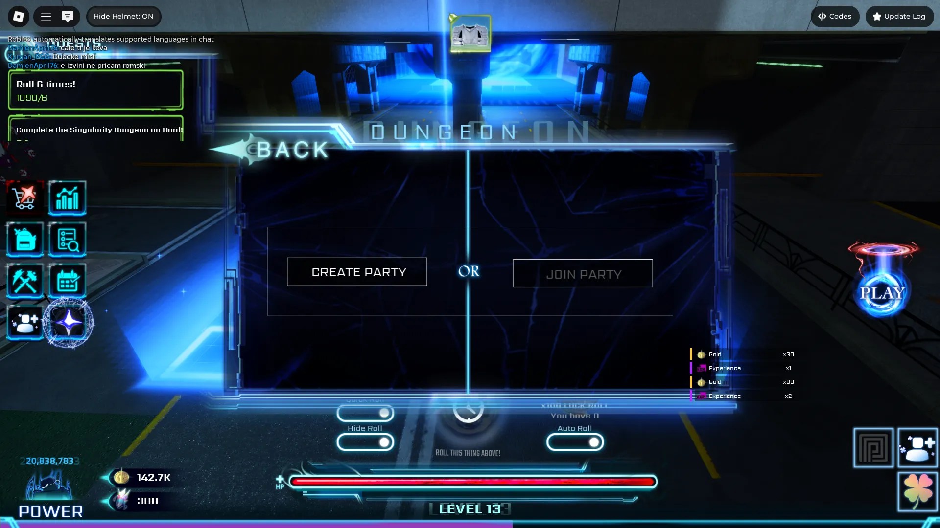 Preview of the create or join party section of the Dungeon menu in Hunters Roblox experience