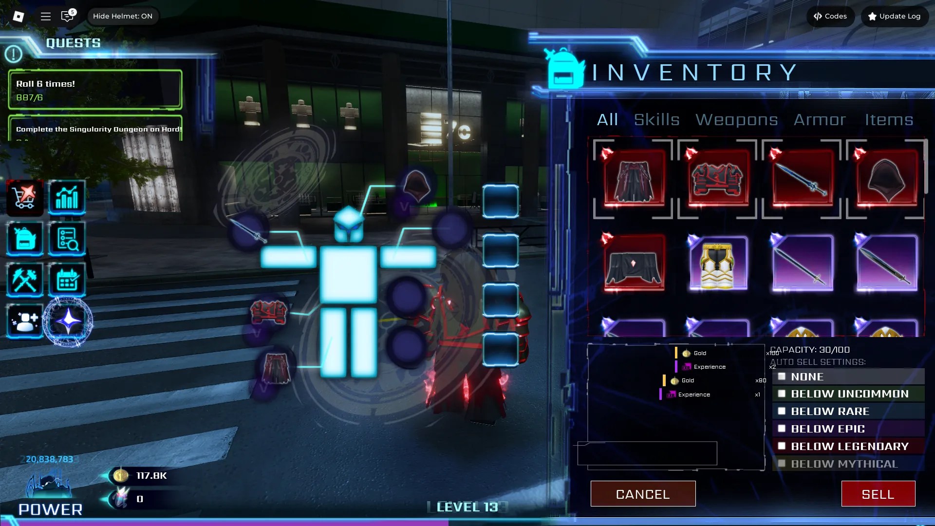 Preview of the inventory menu in Hunters Roblox experience