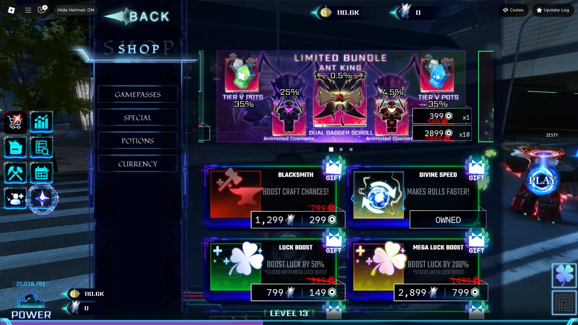 Preview of the premium Shop menu in Hunters Roblox experience