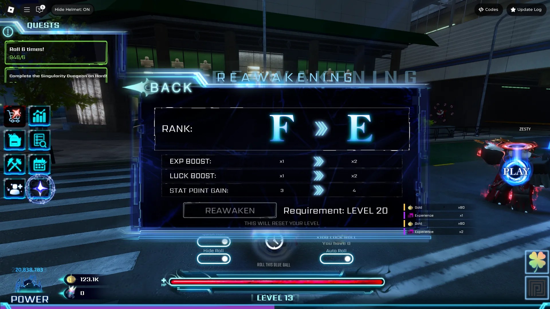 Preview of the Rank Up menu through which you can Reawaken in Hunters Roblox experience