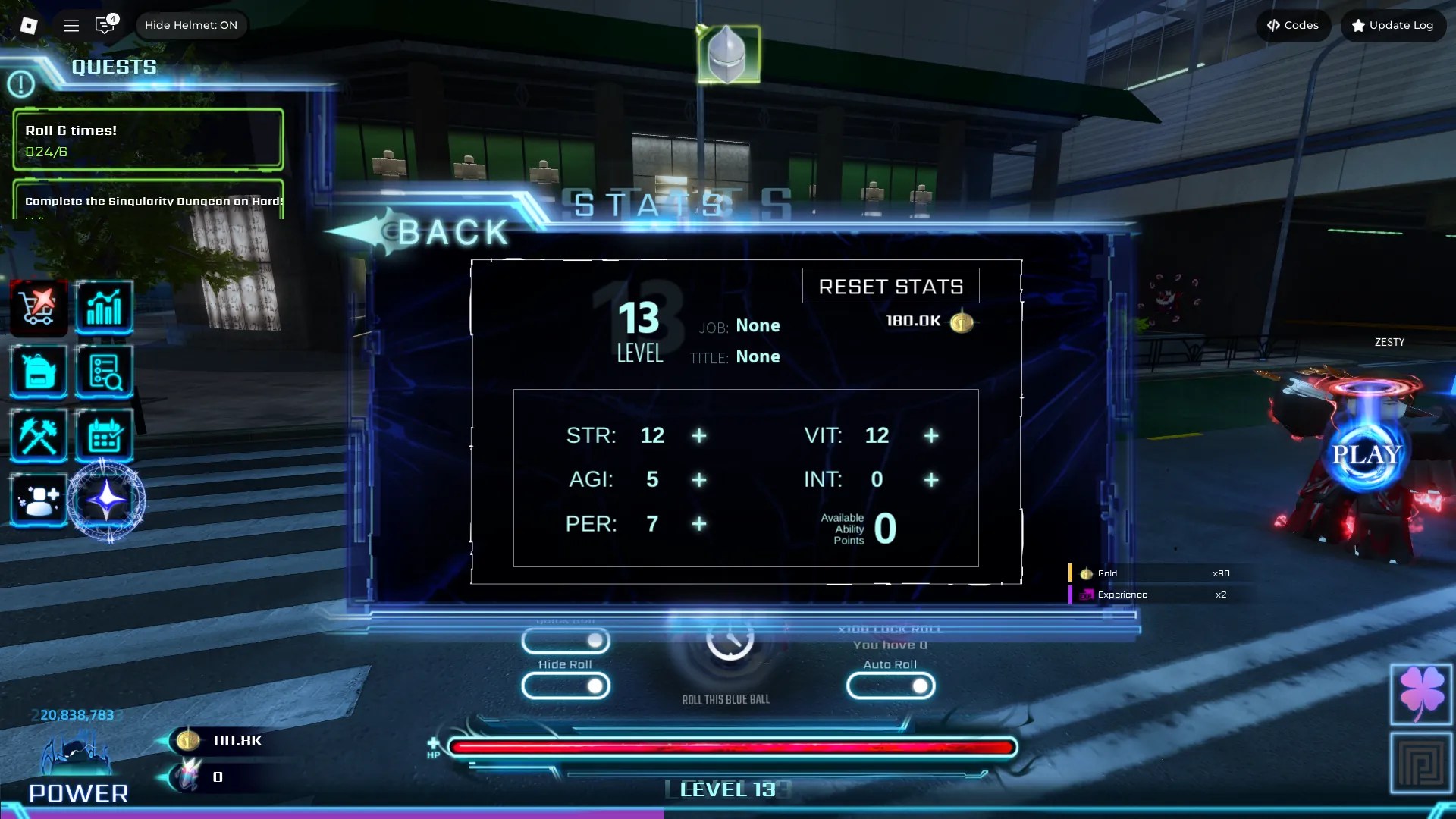 Preview of the Stats menu through which you increase your attributes in Hunters Roblox experience