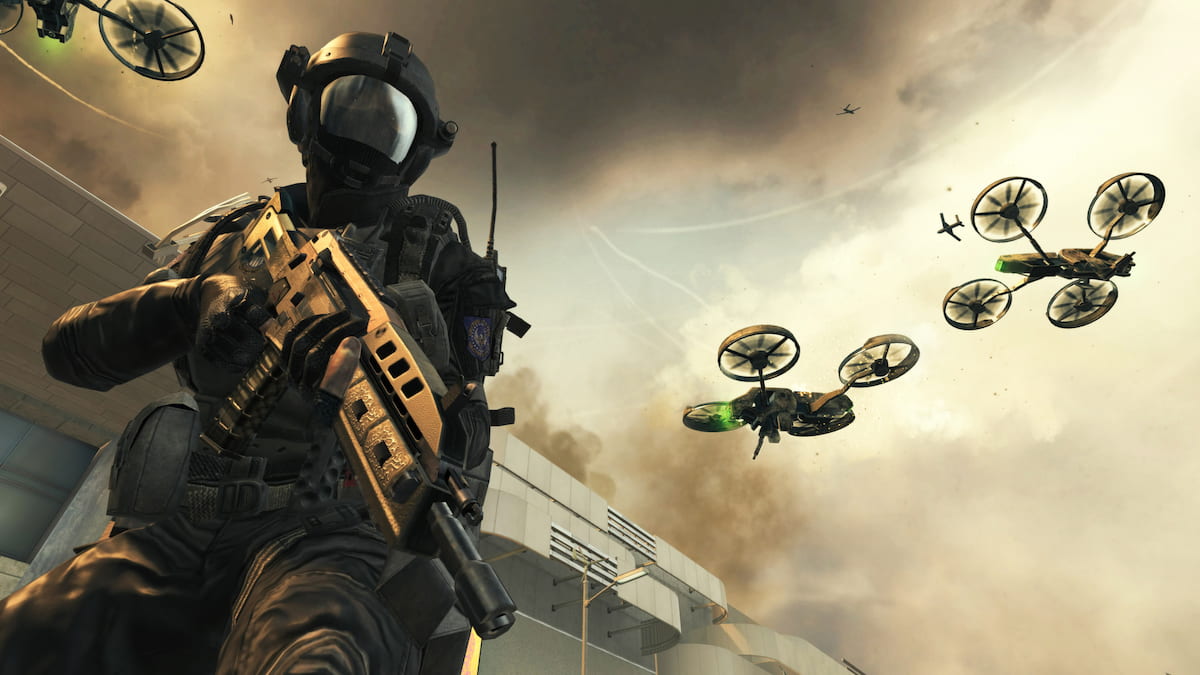 Black Ops 2 campaign screenshot of a soldier with drones flying above him