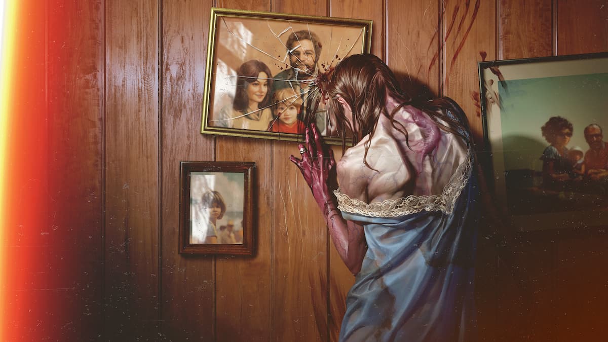 a long haired zombie clawing at a photo frame on the wall