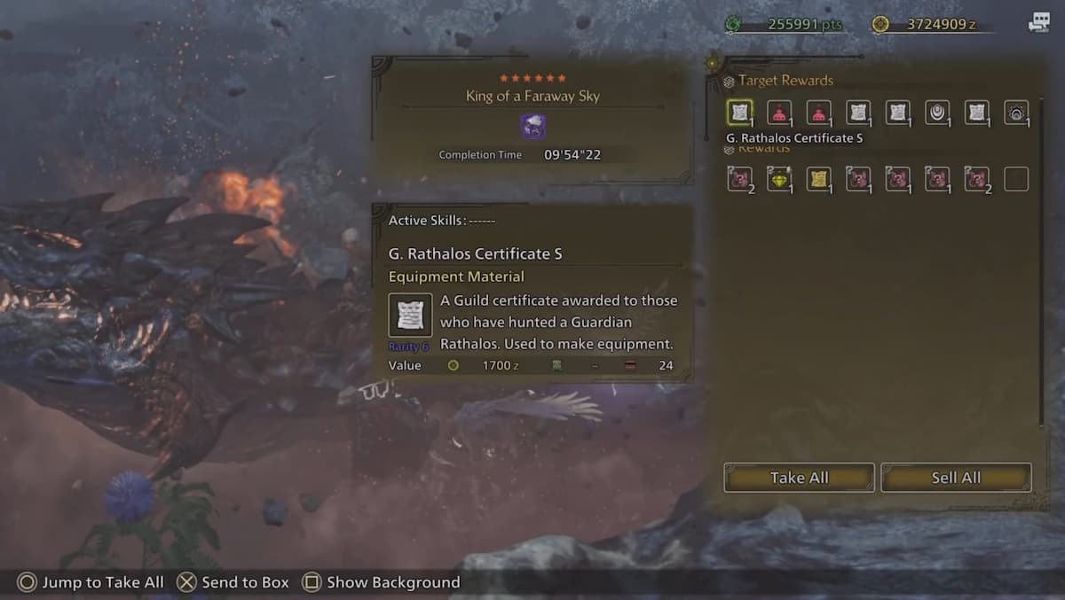 a menu showing the reward icons on the post-game screen of monster hunter wilds, including the rathalos parts and materials