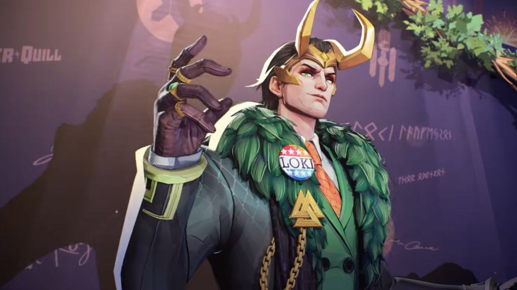 Loki wearing presidental attire at the hellfire gala in marvel rivals