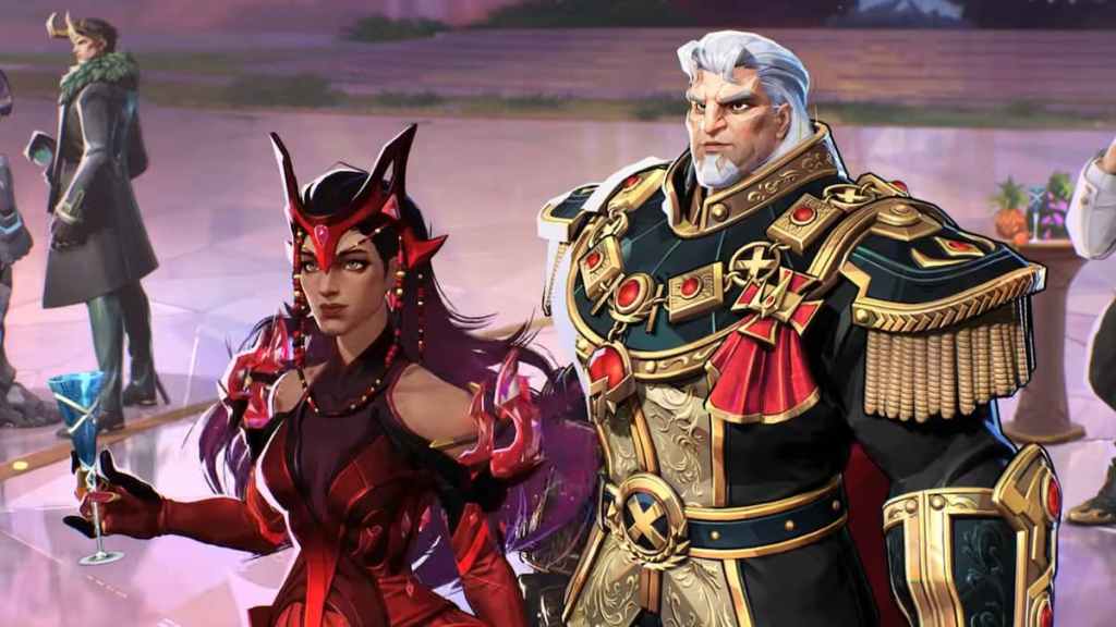 Scarlet Witch and Magneto standing together at the Hellfire Gala in Marvel Rivals