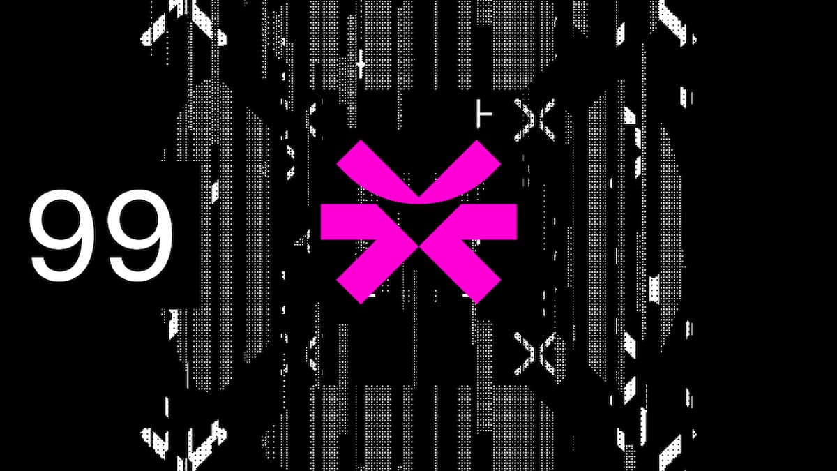 an image with ascii art, with the number 99 on the left side, and a pink cross shape in the middle