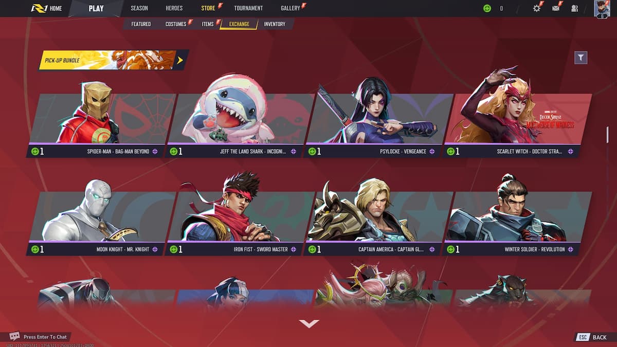 two rows of character portraits featuring spider-man, jeff, psylocke, scarlet witch, moon knight, iron fist, captain america, and winter soldier in marvel rivals