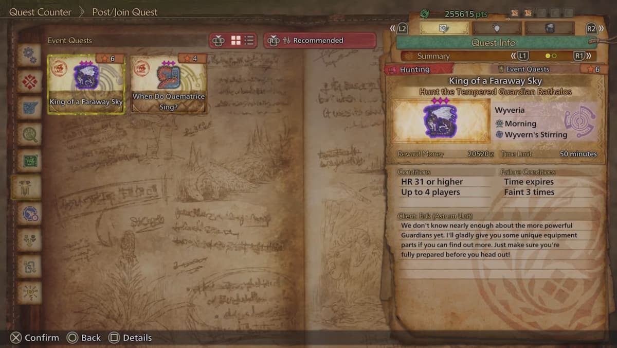 a summary of the king of a faraway sky quest, including a description of the rathalos monster in monster hunter wilds