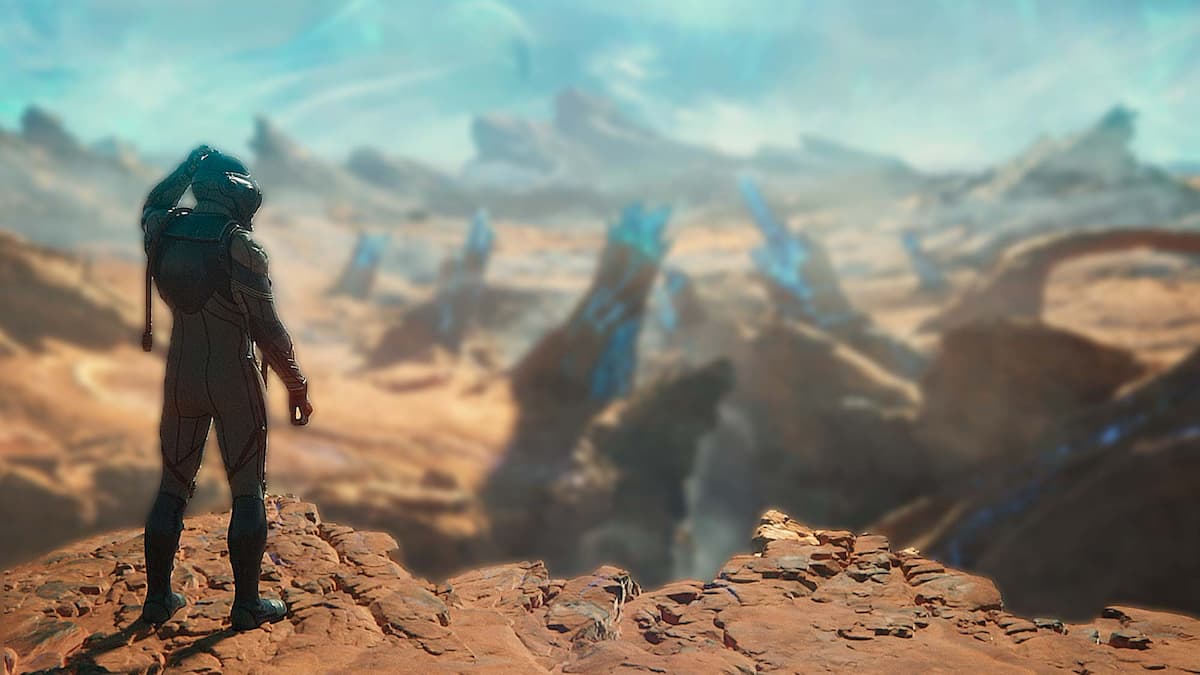 a figure wearing a space suit staring out at a desert
