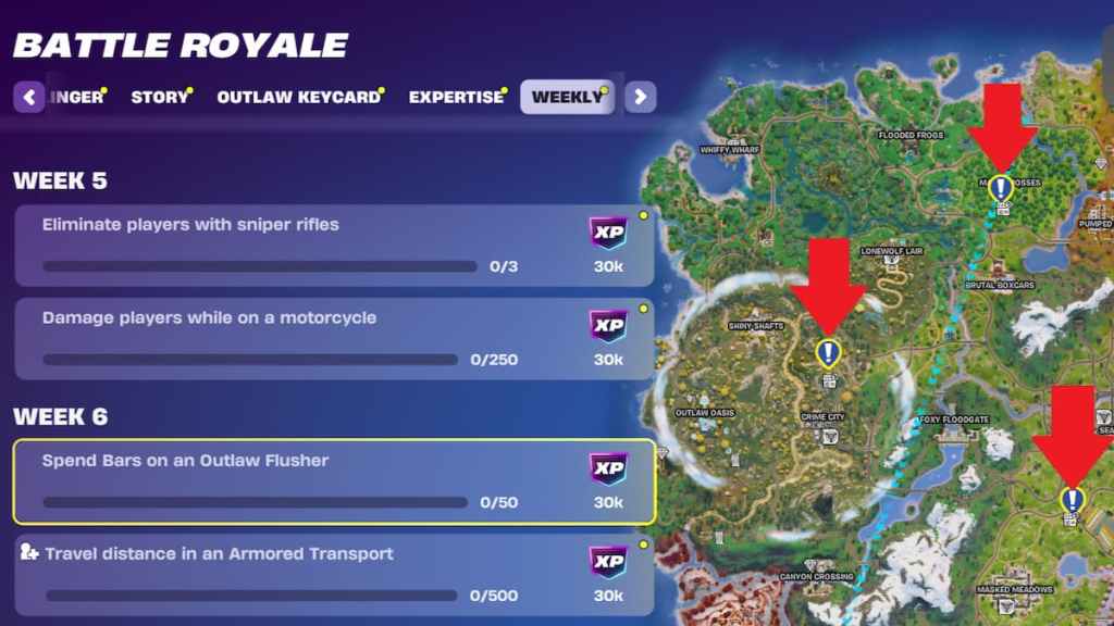 Three Outlaw Flusher locations marked on the map in Fortnite. 