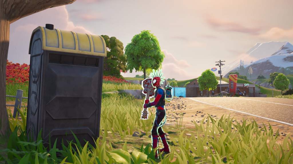Spider-Punk looking at an Outlaw Flusher to the north of Masked Meadow in Fortnite. 