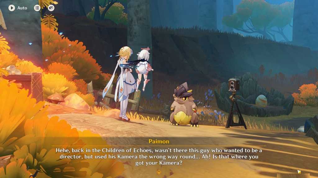 paimon, traveler, and saurian companion in Someday, We All Must Walk Alone quest cutscene