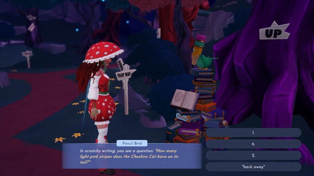 The Pencil Bird asking how many stripes the cheshire cat has on its tail in DDV