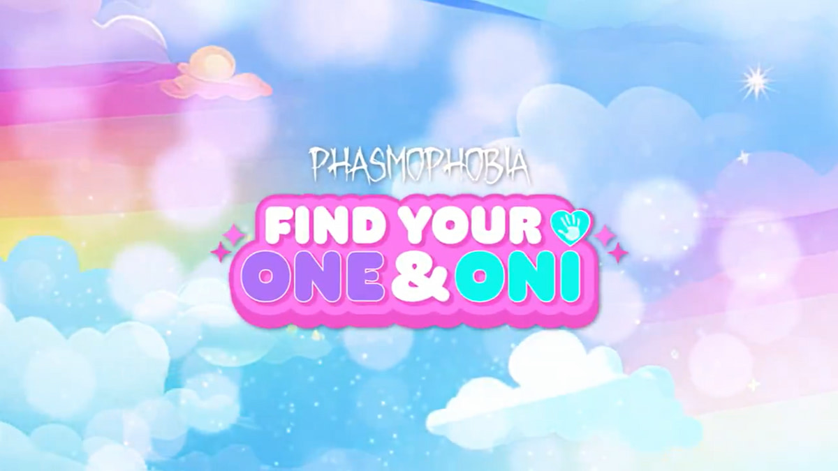 The phrase "find your one & oni" under the phasmophobia logo over a background of a rainbow sky for April Fools' 2025.