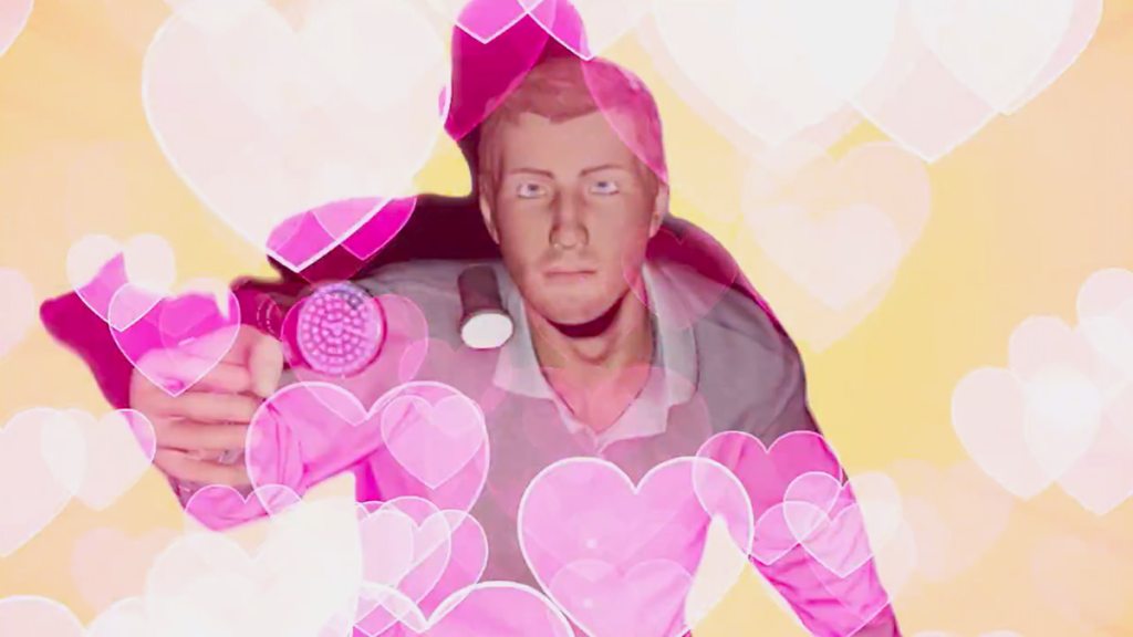 Pink hearts all around a player holding a flashlight in Phasmophobia.