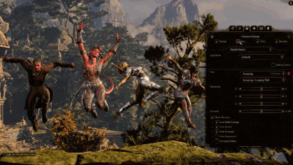 Wyll, Karlach, Lae'zel, and Shadowheart posing with photo mode in BG3.