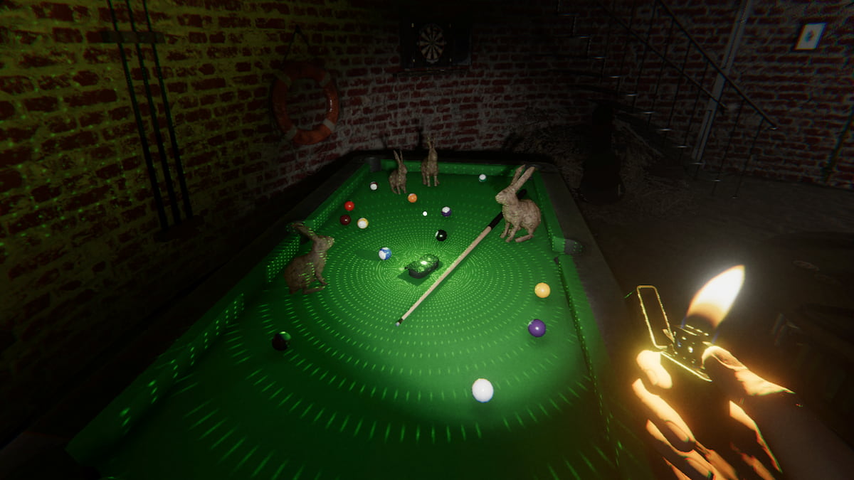 Rabbit statues on a pool table at Point Hope in Phasmophobia