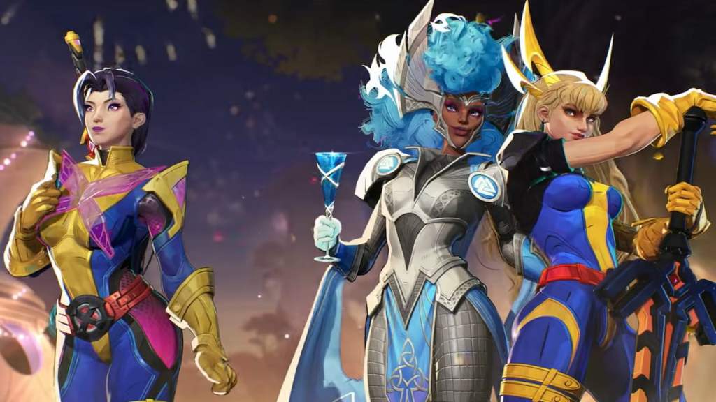 Psylocke, Storm, and Magik standing together at the Hellfire Gala in Marvel Rivals. 