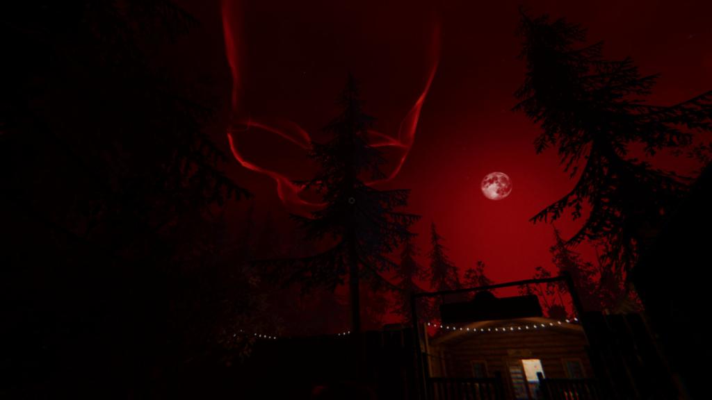 A red skull in the sky over Maple Lodge Campsite in Phasmophobia