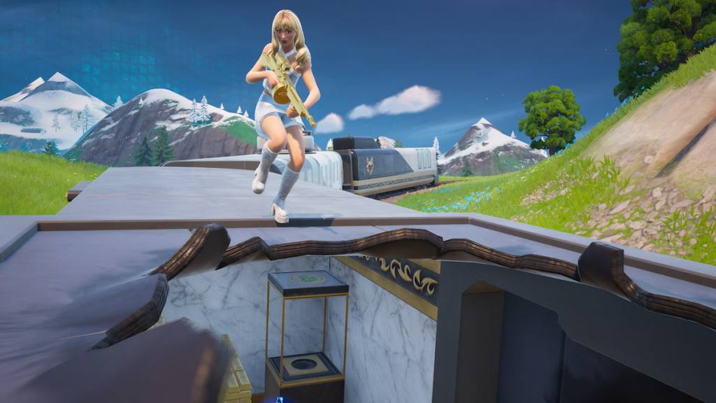 Sabrina Carpenter robbing an armored train in fortnite