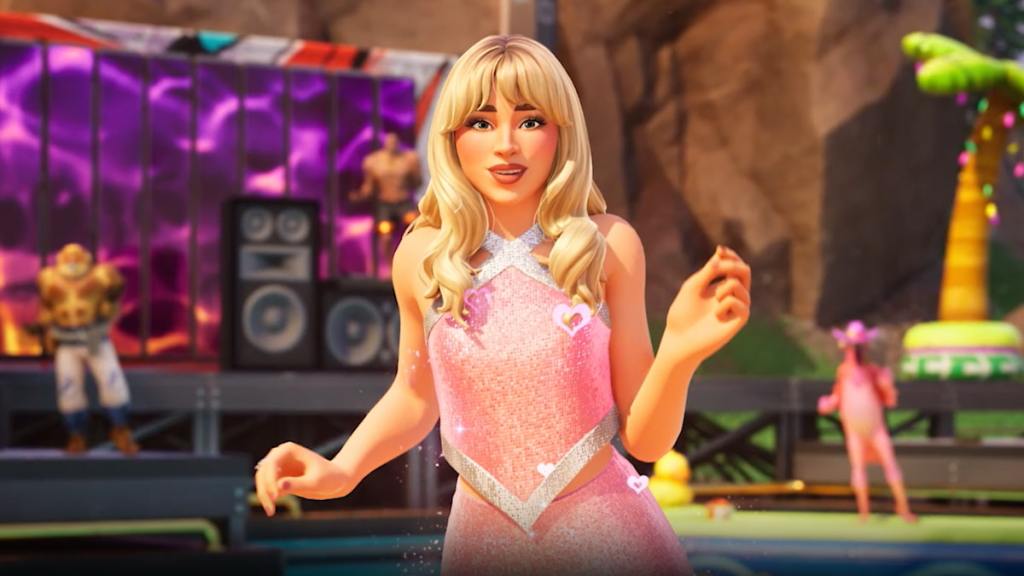 Sabrina Carpenter wearing a sparkly pink two piece set and dancing in Fortnite