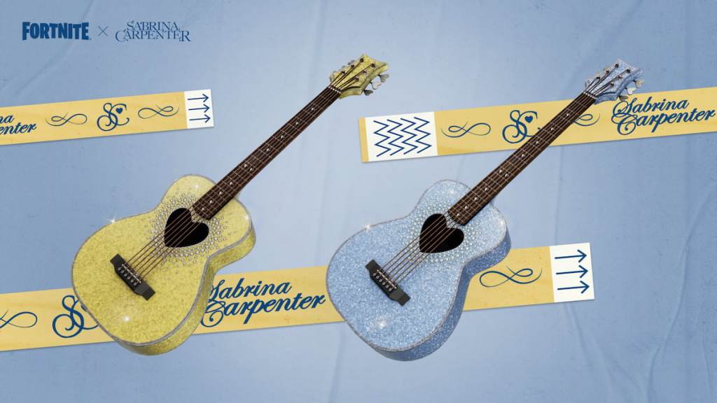 Sabrina Carpenter's yellow and blue sparkly guitars in Fortnite
