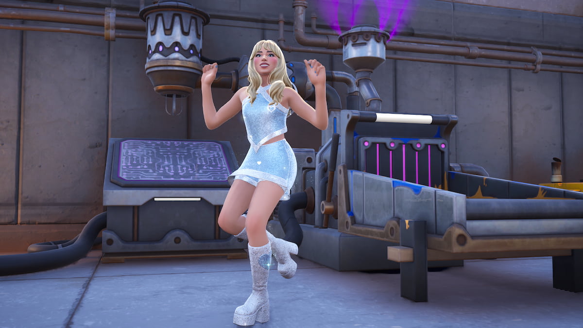 Sabrina Carpenter dancing in front of a machine at the mask workshop in fortnite