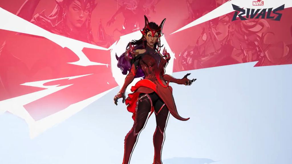 Scarlet Witch wearing her Chaos Gown outfit standing over a red and white background in Marvel Rivals