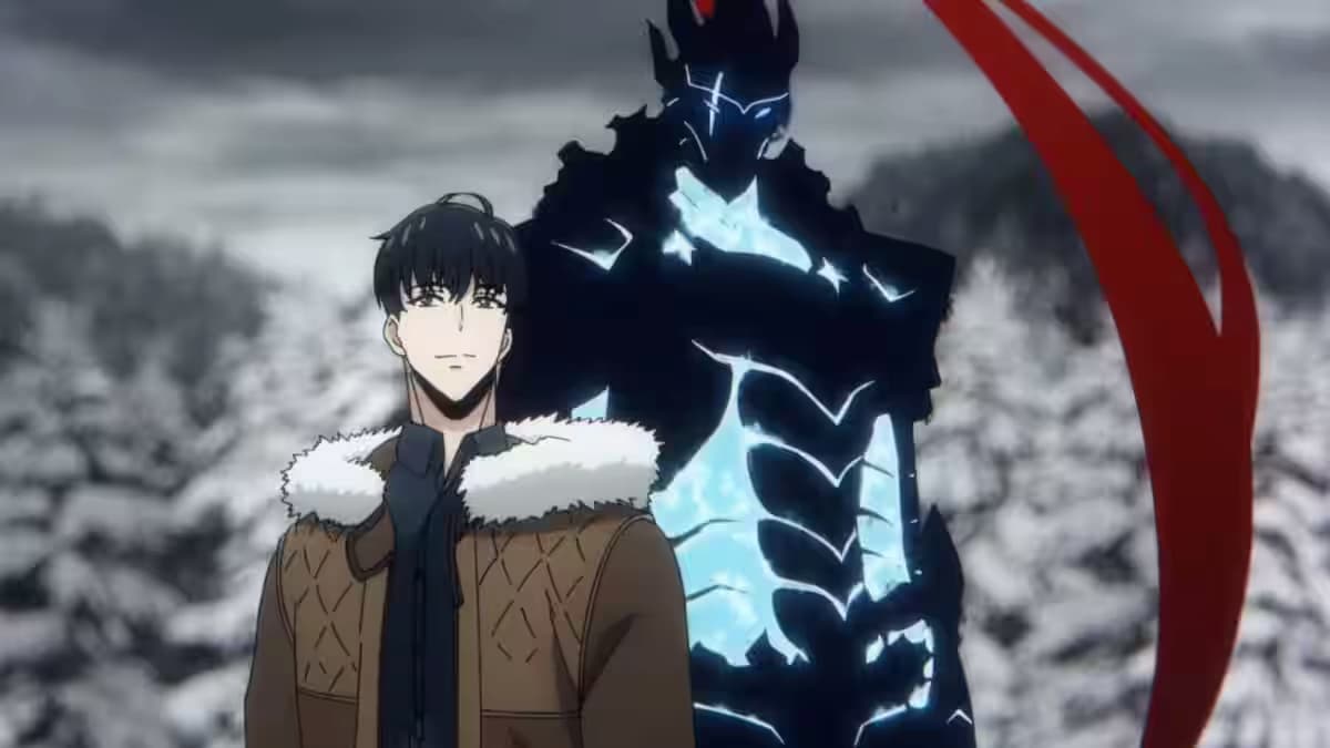 an anime male character in a coat standing next to a dark blue shadow knight in the snow